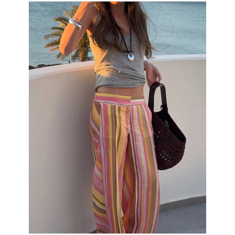Women‘s Colorful Striped Pant New Summer Straight Multicolor Wide Leg Long Pants Casual Fashion Streetwear Female Outfit 2026