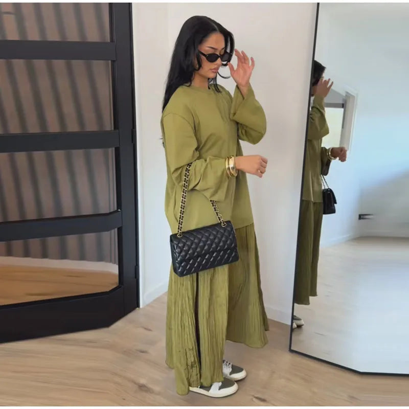 Solid Color Loose Fit Flare Sleeve Tiered Dress Crew Neck Ruffle Hem Pleated Long Maxi Dresses 2026 Spring Chic Casual Outwear