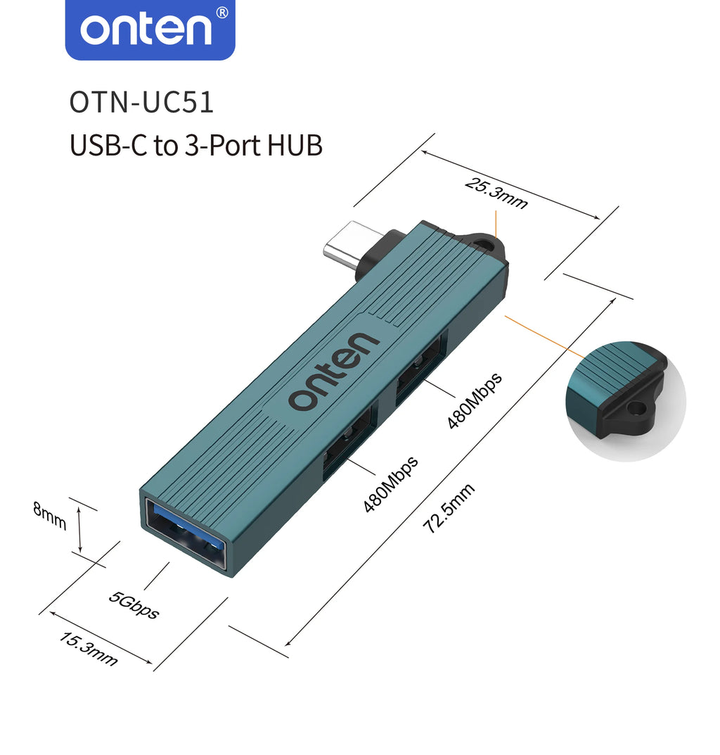 ONTEN 3 in 1 USB HUB USB 3.0/Type-C 3.0 To 3 USB/Type-C Splitter Hub Speed 5.0Gbps 3 Port Type C HUB for PC Laptop Notebook