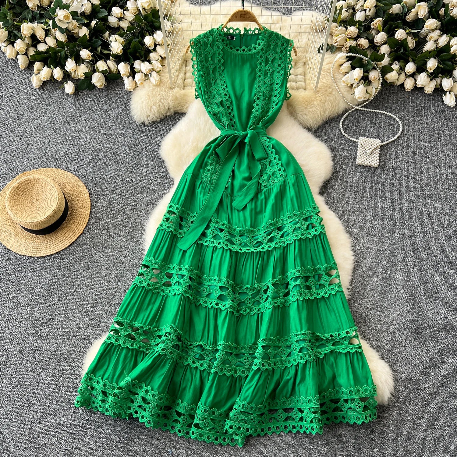 Sexy Hollow Out Embroidery O Neck Sleeveless Bandage Long Dresses Chic Evening Party Summer Vestidos Women Hip Wrap Clothing