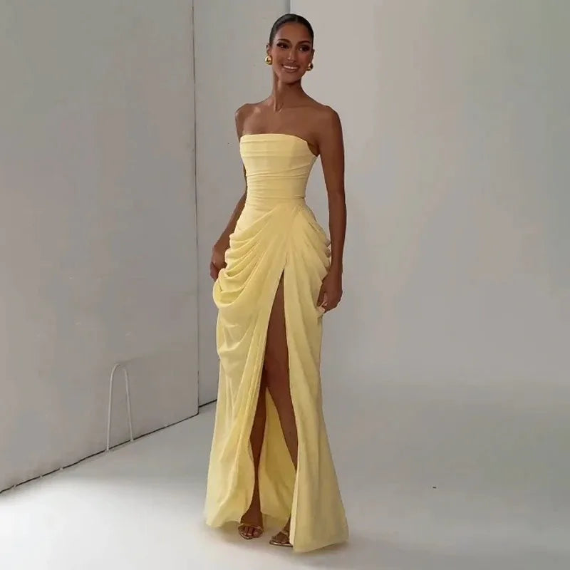 Women Yellow Low Cut Backless High Waisted Dress Lace Up Sleeveless Waist Cincher Spaghetti Strap Vestidos Party Club Women Robe