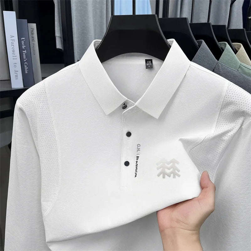 Men's Autumn Long Sleeved Polo Shirt Collar Offset Printing Breathable Mesh Design T-Shirt Sports and Casual Men's Clothing Top