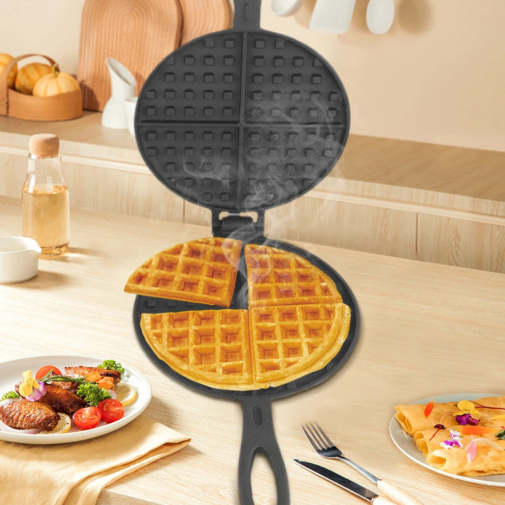 Cast Iron Waffle Maker Pan Non-Stick Waffle Iron Round Waffle Mold Waffle Cake Maker for Stovetop Or Grill