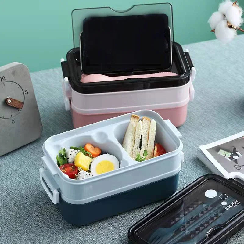 1Pc 1400ml Double-Layer Lunch Box, Portable Compartment Food Container, Microwave Safe with Fork, Chopsticks & Spoon for Picnic