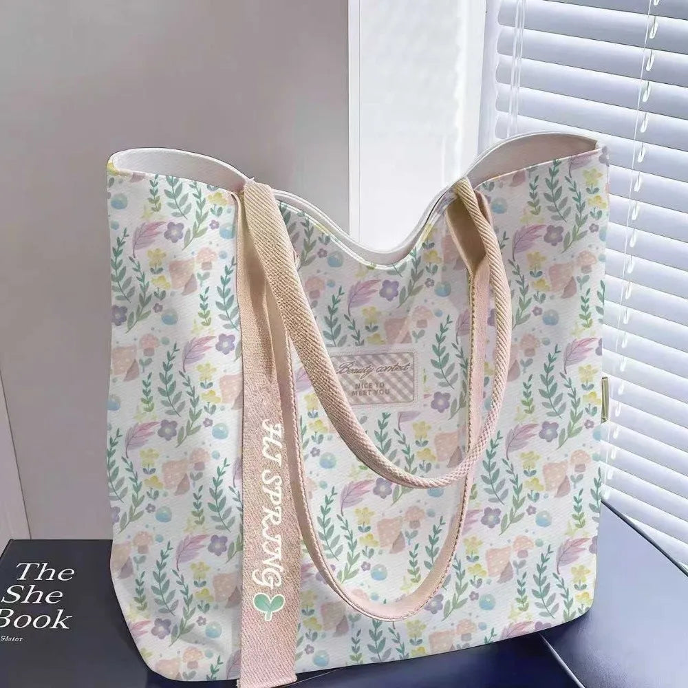Portable Floral Canvas Tote Bag Large Capacity Reusable Commute Handbag Lightweight Shopping Bag For Work