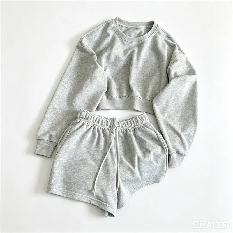 spring summer Womens Round neck long sleeve Sweatshirt Two Piece Set Casual Sweatshirt+shorts suit Daily Womens Tracksuit