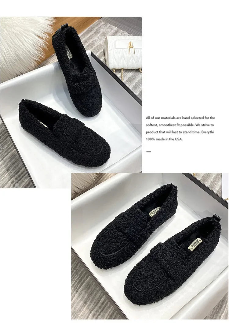 Lambwool Moccasins Femme Curly Sheep Fur Flats Woman Warm Plush Loafers Winter Cotton Shoes Women Furry Snow Boot