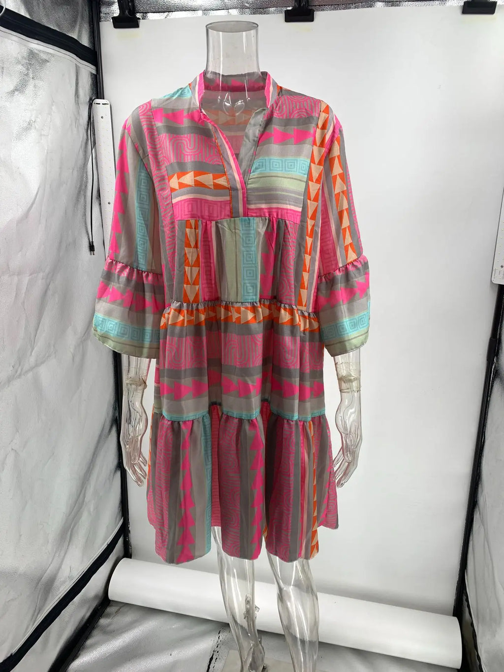 Women's Cotton and Linen Mini Dress Casual Loose Print V-neck Seven Quarter Sleeve Dresses For Women