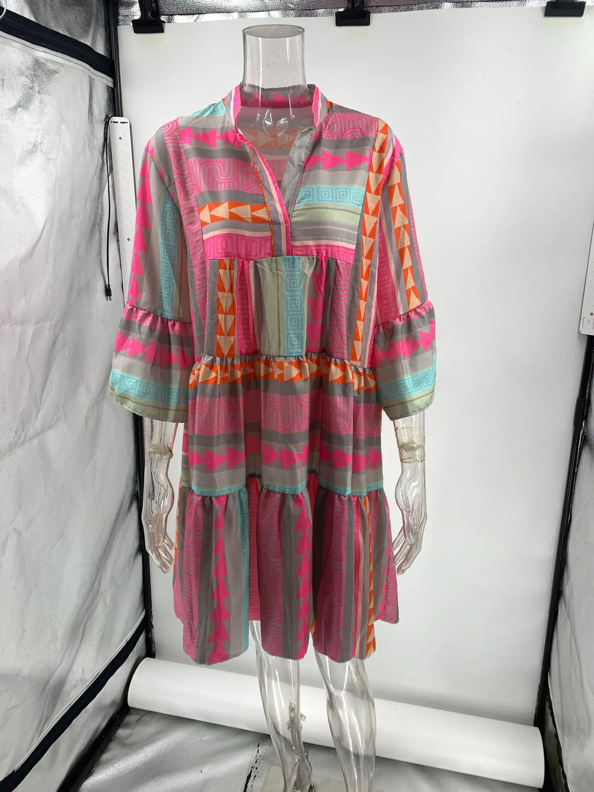 Women's Cotton and Linen Mini Dress Casual Loose Print V-neck Seven Quarter Sleeve Dresses For Women