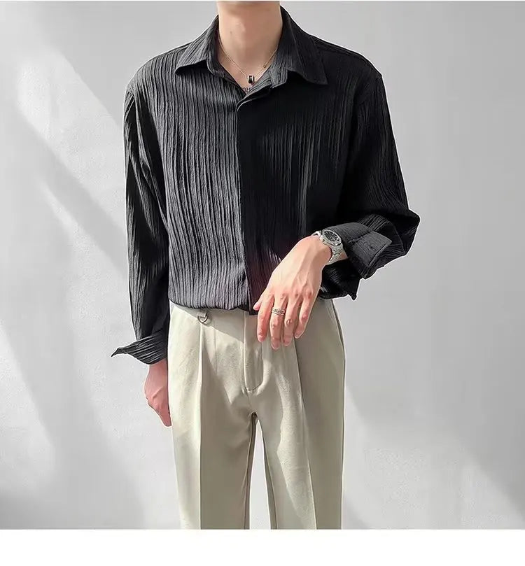 Black Apricot White Long-sleeved Shirt Men Fashion Social Mens Dress Shirt Korean Loose Casual Pleated Shirts Mens Formal Shirt