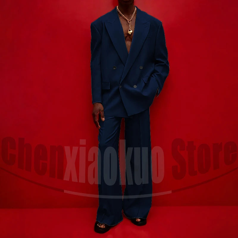 Men's Double Breasted Suit Set Oversized Blazer and Wide-Leg Trousers Fashion Casual Formal Outfits for Streetwear Party