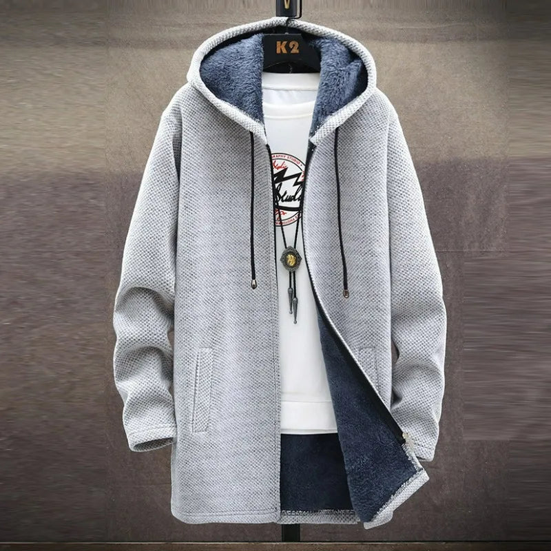 KIDWHXR 2026 Autumn Winter Men Fleece Cardigan Jacket Thicken Windproof Man Hooded Coat Mid Length Long Sleeve Male Sweater