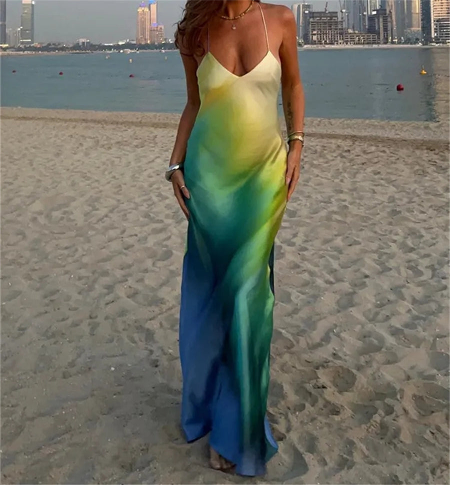 Puloru Gradient Color Summer Cami Long Dress Sexy Backless Cross Spaghetti Strap V-Neck Wrap Party Dress for Beach Nightclub