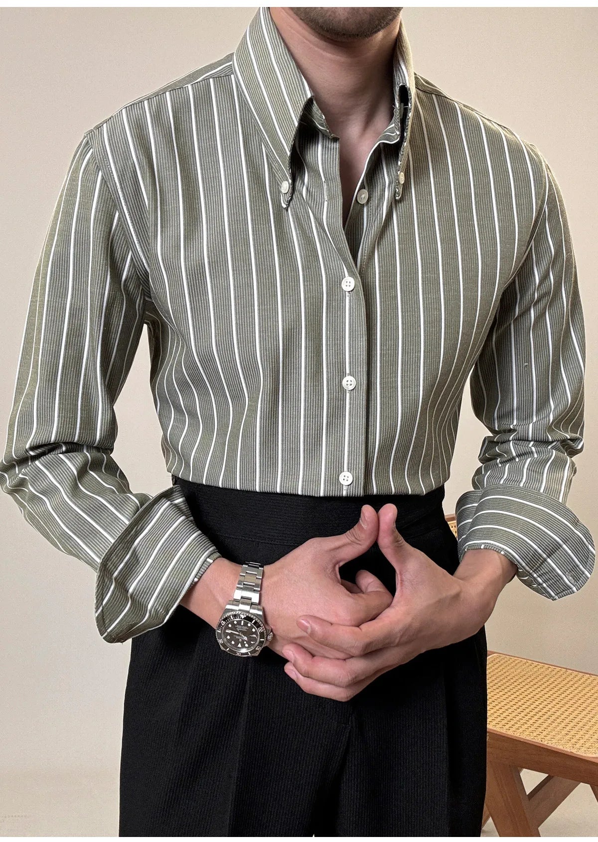 Anti-wrinkle Tianshan Cotton Italian Long Point Collar White Striped Shirt Men's Long Sleeve Casual Business Shirt