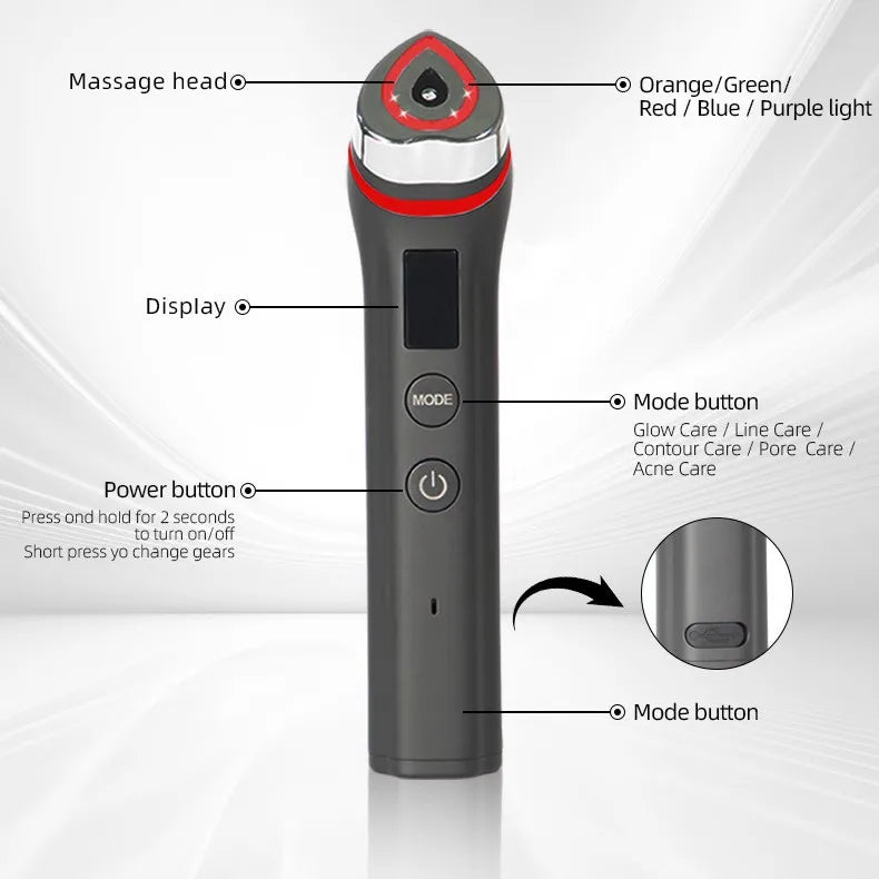 5 Color Portable LED Facial Beauty Device EMS Microcurrent Lifting Face Neck therapy Wand LED Vibration Massager Skin Tool