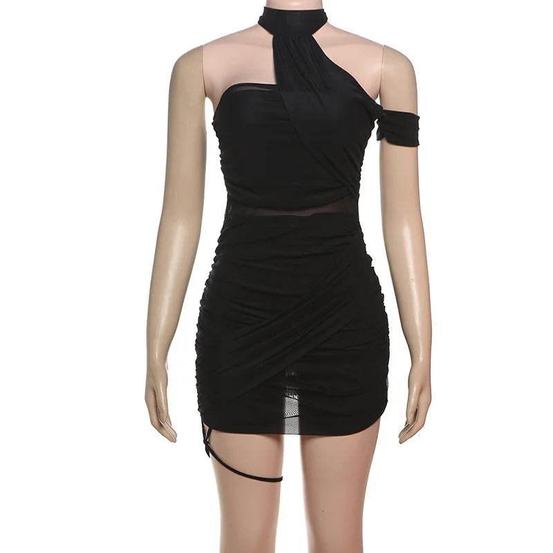 Leosoxs See Through Sexy Dress Women Y2K Cross Bandage Backless Halter Sleeveless Summer Trend Midnight Clubwear Mini Bodycon