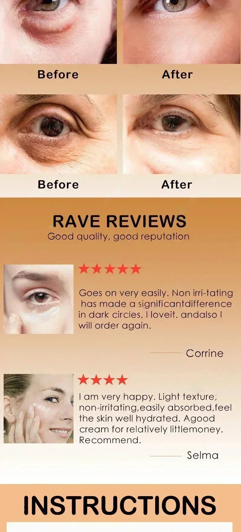 Anti-Wrinkle Remove bags Puffiness Dark Circles under eyes Lightening Fine Lines Moisturizing Whitening Skin Care