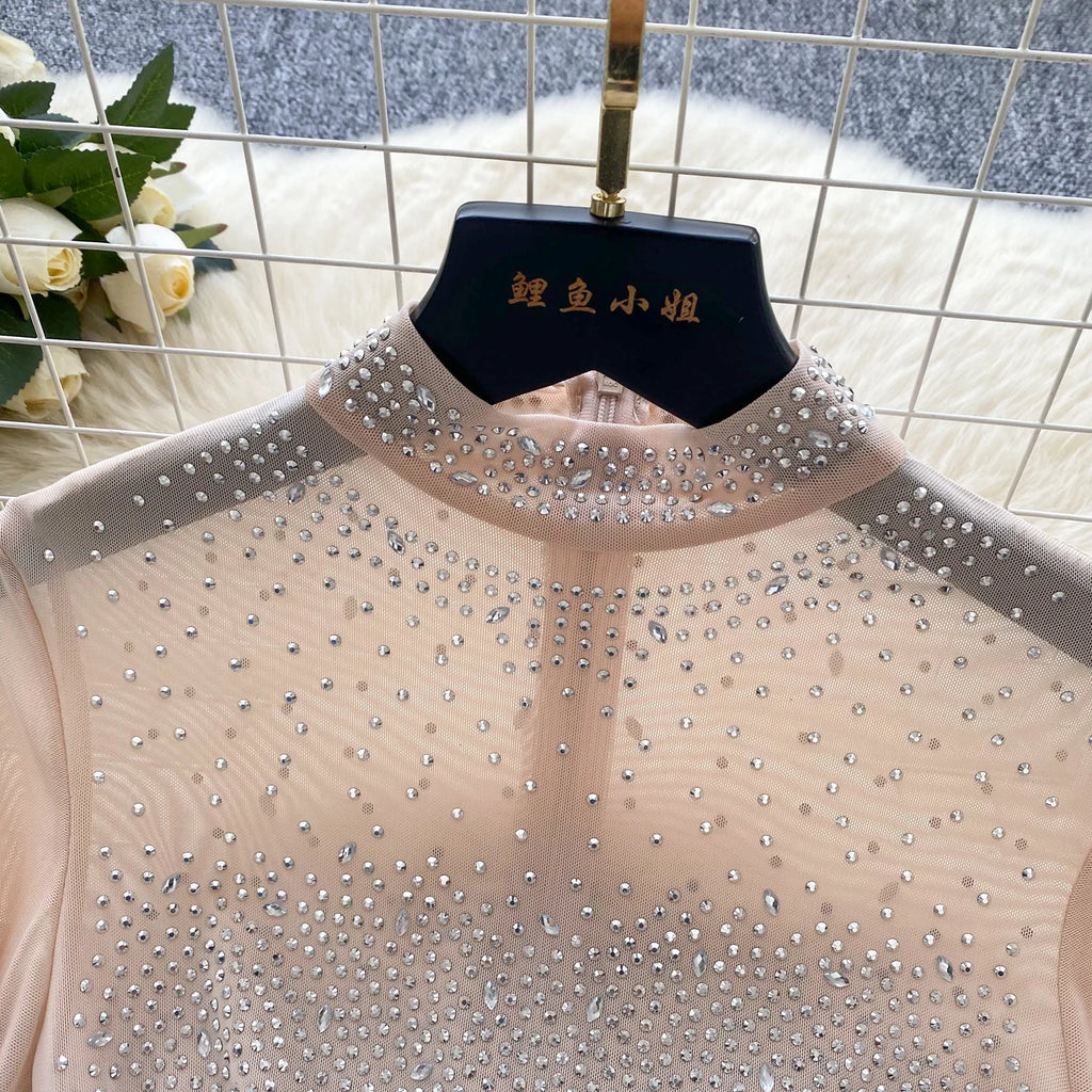 SINGREINY Summer Thin Sheer Sexy Bodysuit Long Sleeve Zipper With Shorts Design Rompers Beadings Streetwear Women Mesh Playsuits