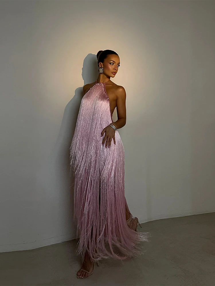 Party Women's Dress Halter Sleeveless Backless Tassel Solid Female Long Holiday Dresses 2026 Summer Fashion Elegant Lady Robe