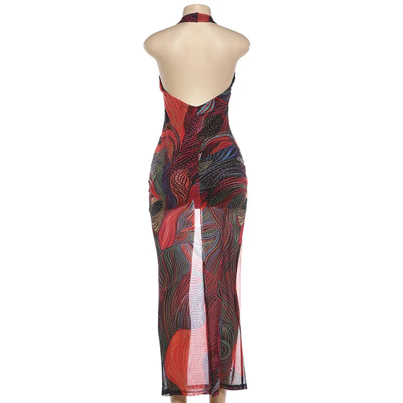 Sexy Fish Club Elegant Long Dresses Colorful Halter Neck Maxi Dress V Neck Backless Bodycon Fashion Style Sleeveless Party Dress