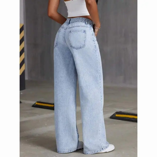 American Women's Blue Washed High-Waisted Straight-Leg Jeans Loose Fashion Front & Back Pockets Jeans Suitable Daily Casual Wear