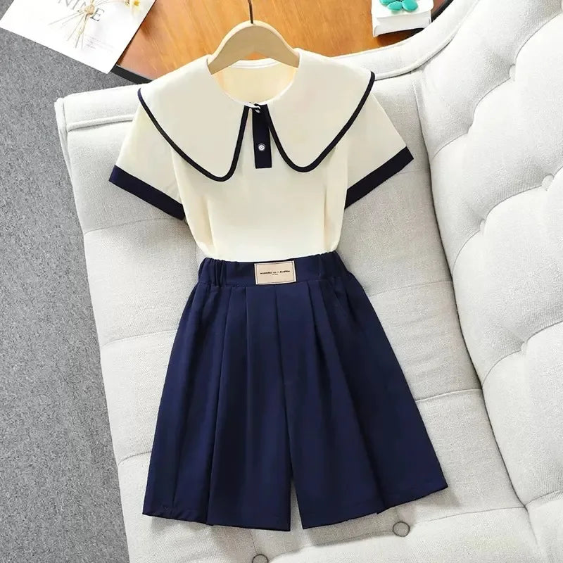 2026 New Summer Teenage Girls Clothing Sets Children Short Sleeve Top Shorts Two Piece Set Kids Casual Oufits School Clothing