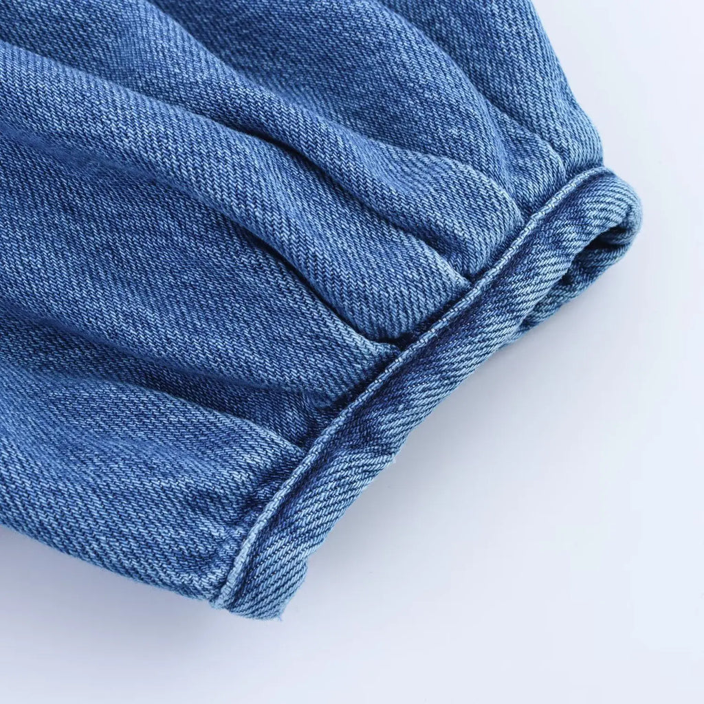 HH Women Summer New Fashion Thin Single-breasted Loose Folds Denim Shirt+High Waist Zipper Pocket Wide-leg Casual Pants Suit