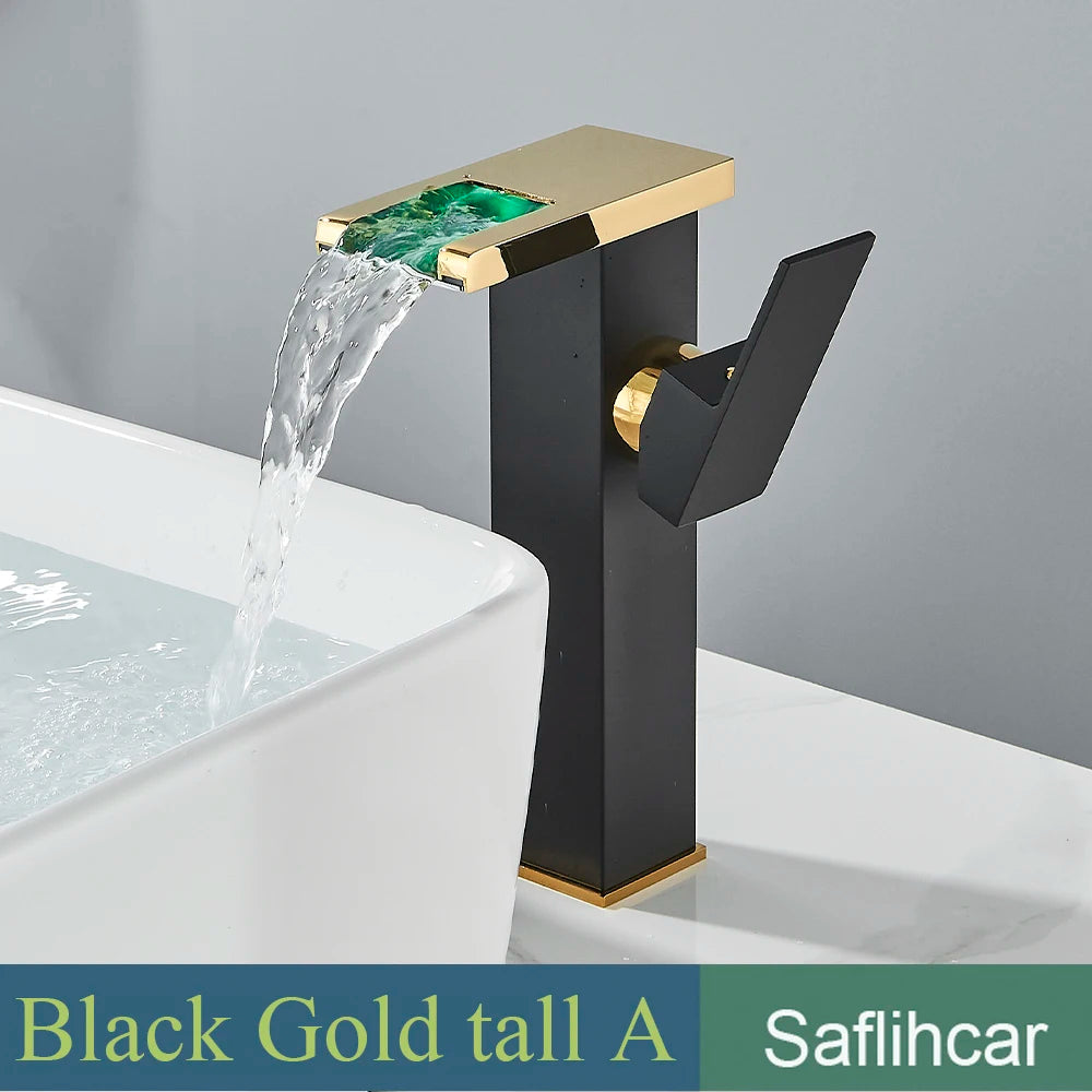 LED Black Basin Faucet Tall And Short Tap Bathroom Single Handle Cold and Hot Water Flow Produces Electricity