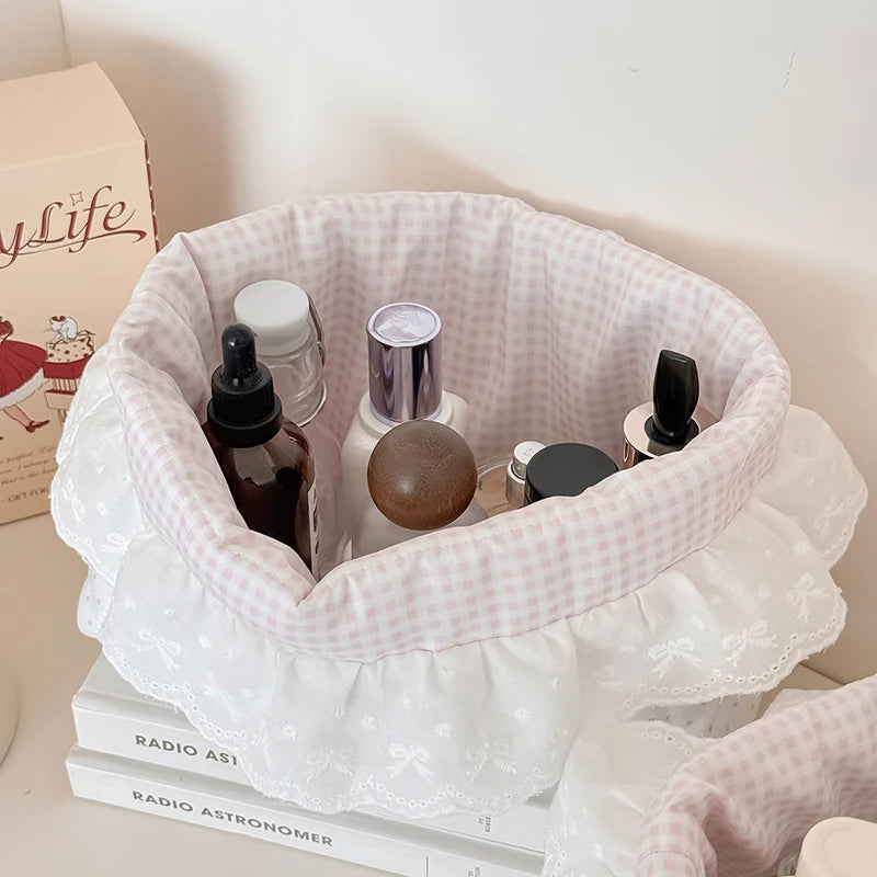 Korean Dot Lace Makeup Bag Case Fashion Travel Cosmetic Case for Girls Large Capacity Cosmetics Storage Brush Organizer Case