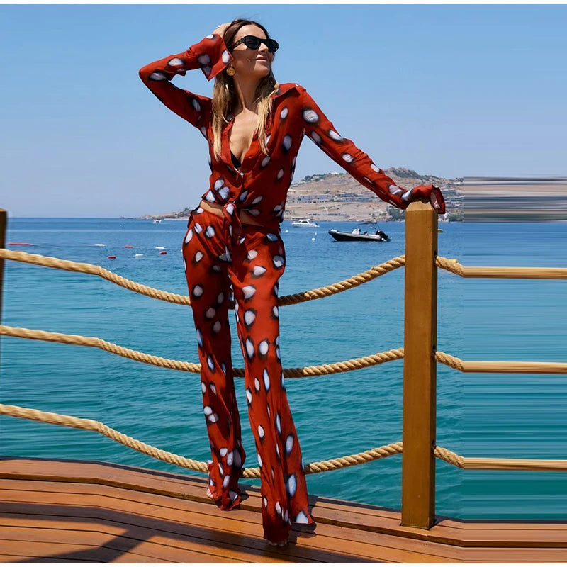 Beach Vacation Printed Shirt Pant Set Women Red See Through Lapel Full Sleeve Button Shirts Pants Suit 2026 Summer Casual Outfit