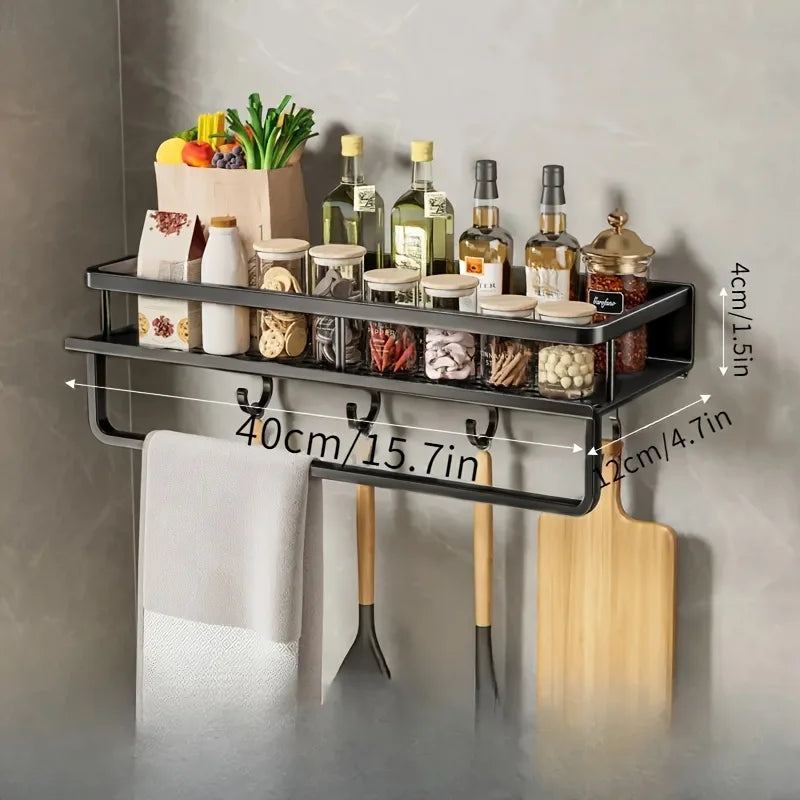 Multifunctional Aluminum Wall-Mounted Shelf Kitchen Spice Storage Rack Kitchen Supplies Storage Hooks Kitchen Accessories