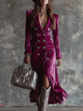 Velvet Double Breasted Dress for Women's Long Sleeve Lapel Collar Split Hem Elegant Vintage Casual Slim Fall Winter Midi Dress