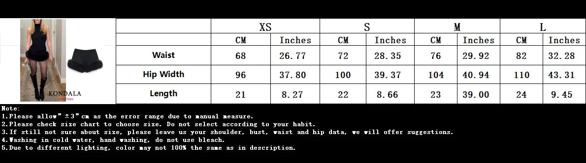 KONDALA Sexy Chic Black Fur Patchwork Shorts Women Fashion 2026 Party Evening Club Wide Leg Shorts Elegant Y2K Girl New Year