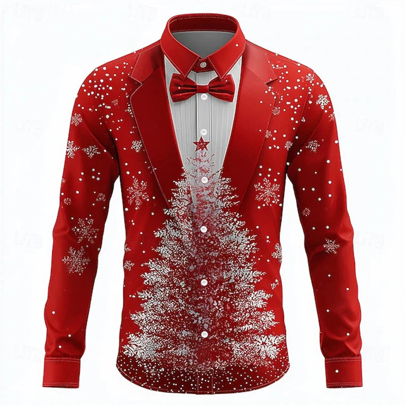 Red Christmas Shirts For Man Snowflake Bow Tie Christmas Shirt Long Sleeve Fashion Holiday Gift Shirt Oversized Mens Clothing