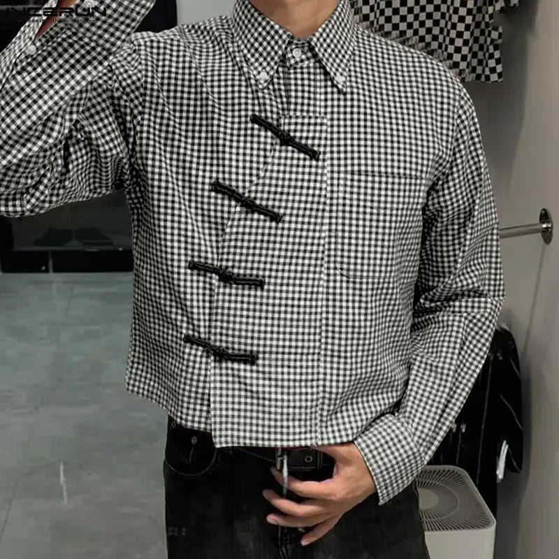 INCERUN Men Plaid Shirt Lapel Long Sleeve Patchwork Loose Men Clothing Streetwear 2026 Spring Fashion Casual Tops Male Shirts