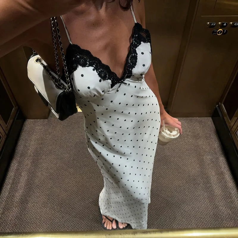Lace V-Neck Patchwork Maxi Dress Women Backless High Waist Slim Spaghetti Contrast Party Dress Female Spring Long Dress Hot Sale