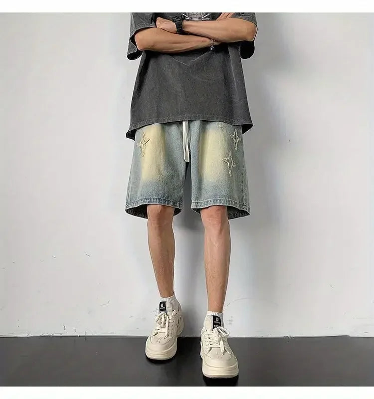Embroidered Denim Shorts Men's Summer American Retro Street Five-point Pants Trendy Brand Trendy Loose