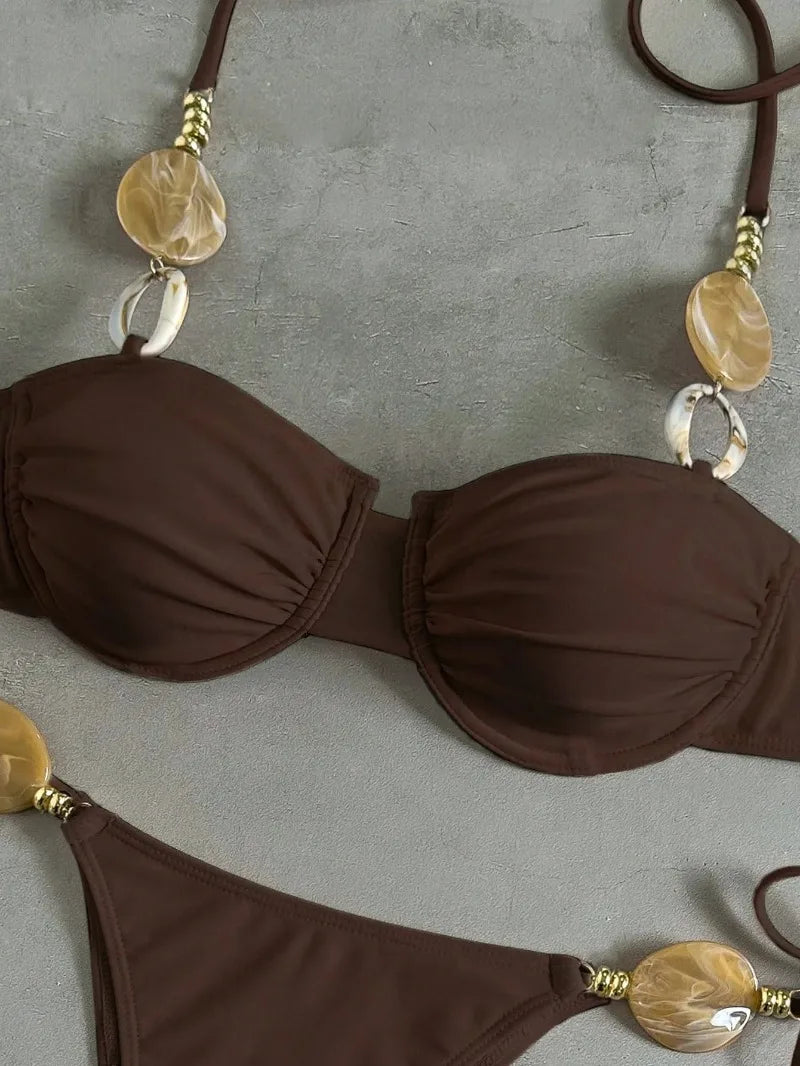 New Women's Sexy Halter Neck Backless Bikini Set Two-Piece Swimwear Solid Color Euro American Style Summer Beach Fashion
