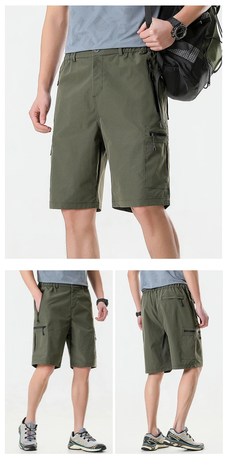 Mens Cargo Shorts Knee Pants Zipper Pocket Summer Quick Dry Shorts Climbing Jogger Elastic Waist Sports Wear