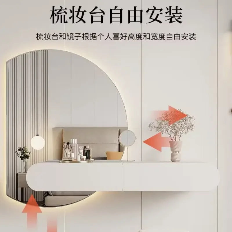 Cream Wall Mounted Dresser with Mirror Modern Minimalist Bedroom Makeup Vanity Floating Storage Console Table
