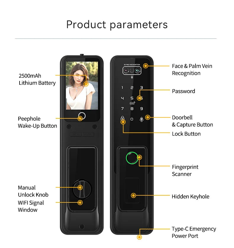Smart Lock with Video Intercom Camera Facial Recognition Fingerprint Password Palm Vein Authentication Automatic
