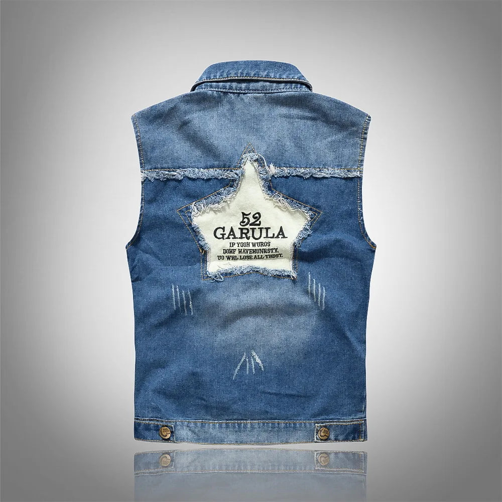 New Fashion Men Ripped Denim Waistcoats Sleeveless Jackets Light Blue Holes Denim Vests Male Cotton Slim Jeans Waistcoats 6XL