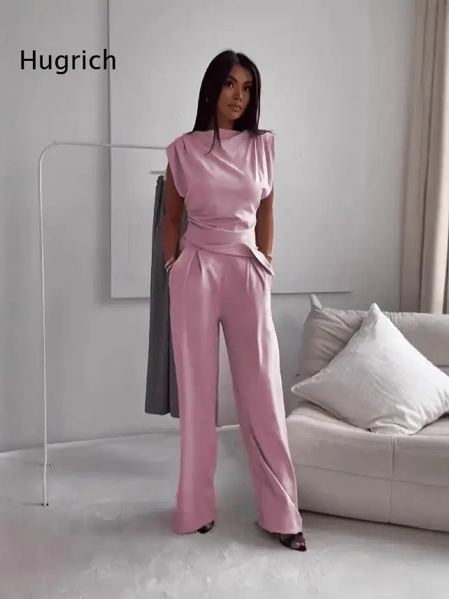 Women's Sleeveless High Waist Wide Leg Pants Set Elegant Solid Color Casual Two Piece Outfit for Summer Office Wear Fashion