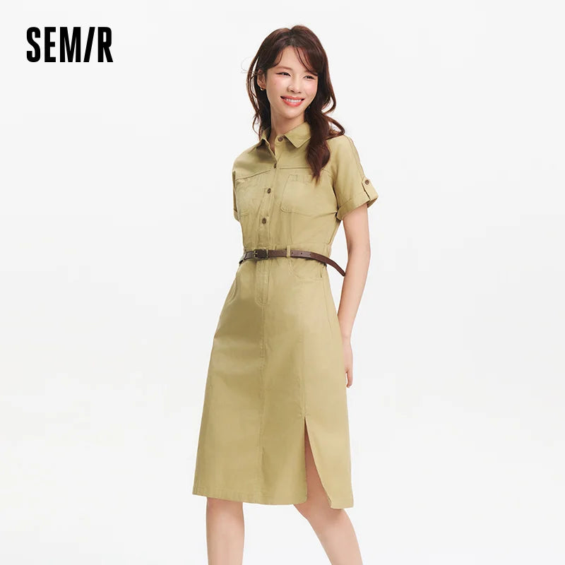 Semir Women Dress Shirt Collar Cotton Slit Midi Belt Slim Vintage Urban Workwear 2026 Summer Fashion Office Top
