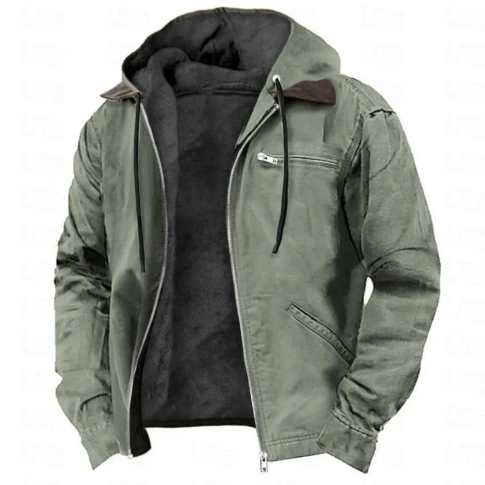 European and American Men's Autumn and Winter Casual Hooded Zipper and Fleece Warm Jacket With Multiple Pockets Outdoor Jacket