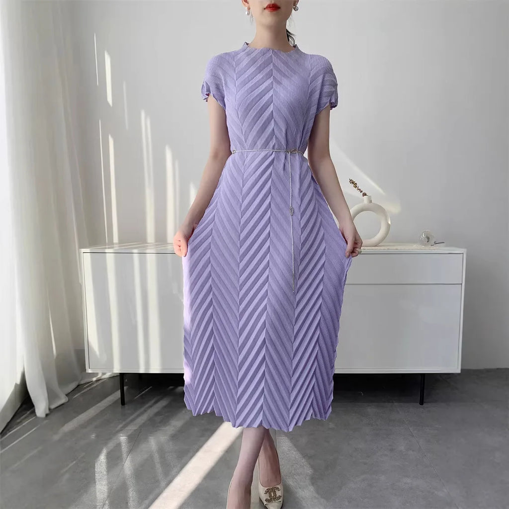 Miyake Handmade Pleated Dress Women's 2026 Spring New Solid Color Half-high Collar Sleeves Pullover Elegant Pleated Skirt