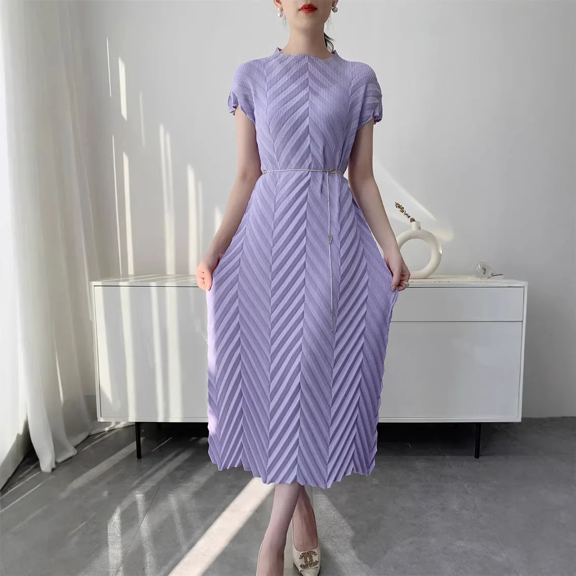 Miyake Handmade Pleated Dress Women's 2026 Spring New Solid Color Half-high Collar Sleeves Pullover Elegant Pleated Skirt