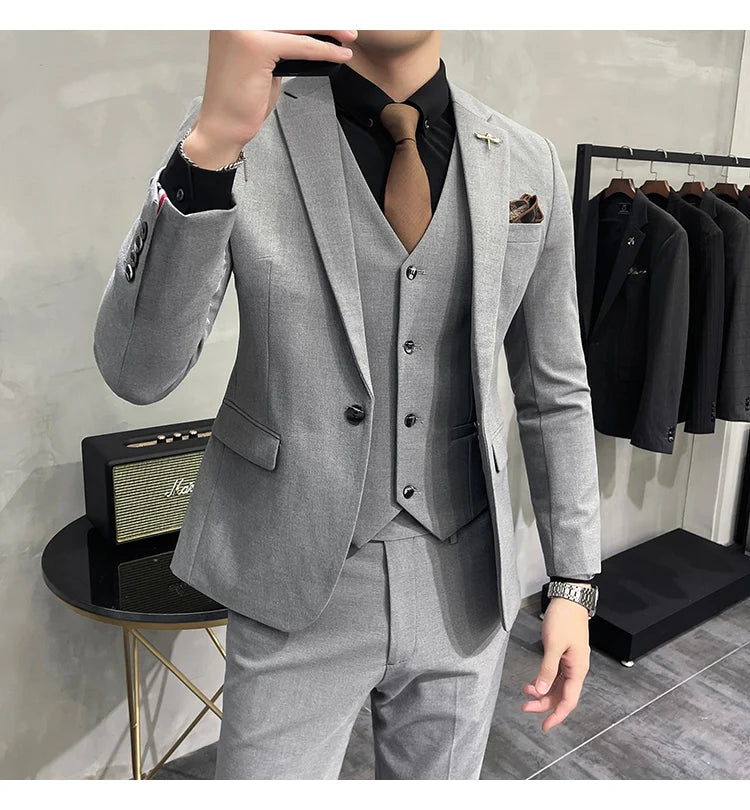 Blazer Vest Pants Men's Navy Blue Suit Set Slim Fit Blazer Vest Pants Formal Outfit for Business Wedding Office Groom Party