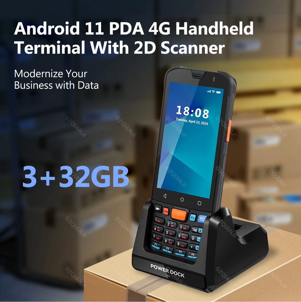 Android 14 Data Collector Wireless Wifi Bluetooth Handheld Terminal 1D 2D QR Barcode Scanner 3+32GB Running With Charger Station