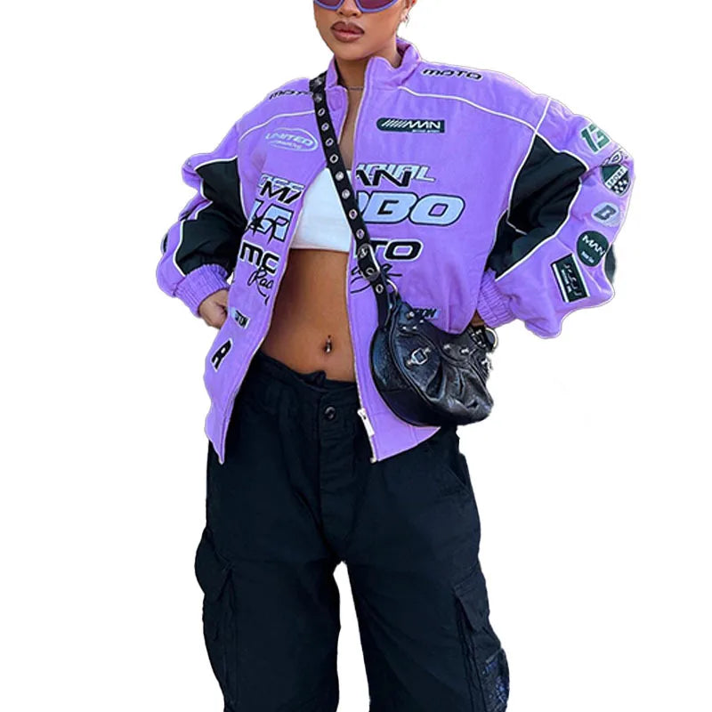 Spring Autumn Bomber Jacket Women Motorcycle Jacket Print Zipper Sweatshirt Long Sleeve Tops Loose Streetwear Hip Hop Coat Trend